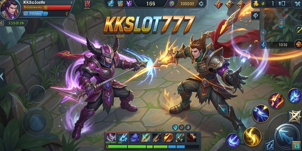 Gambar tampilan gameplay KKSLOT777 yang penuh aksi MOBA.